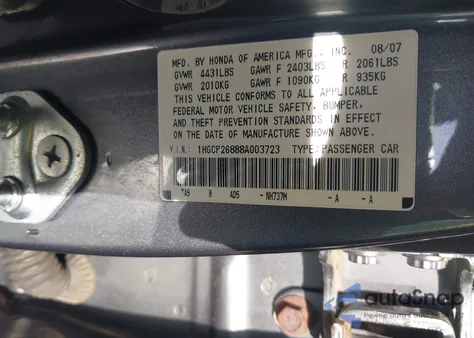 2008 Honda Accord 2.4 Ex-L z USA, uszkodzony, nr VIN 1HGCP26888A003723